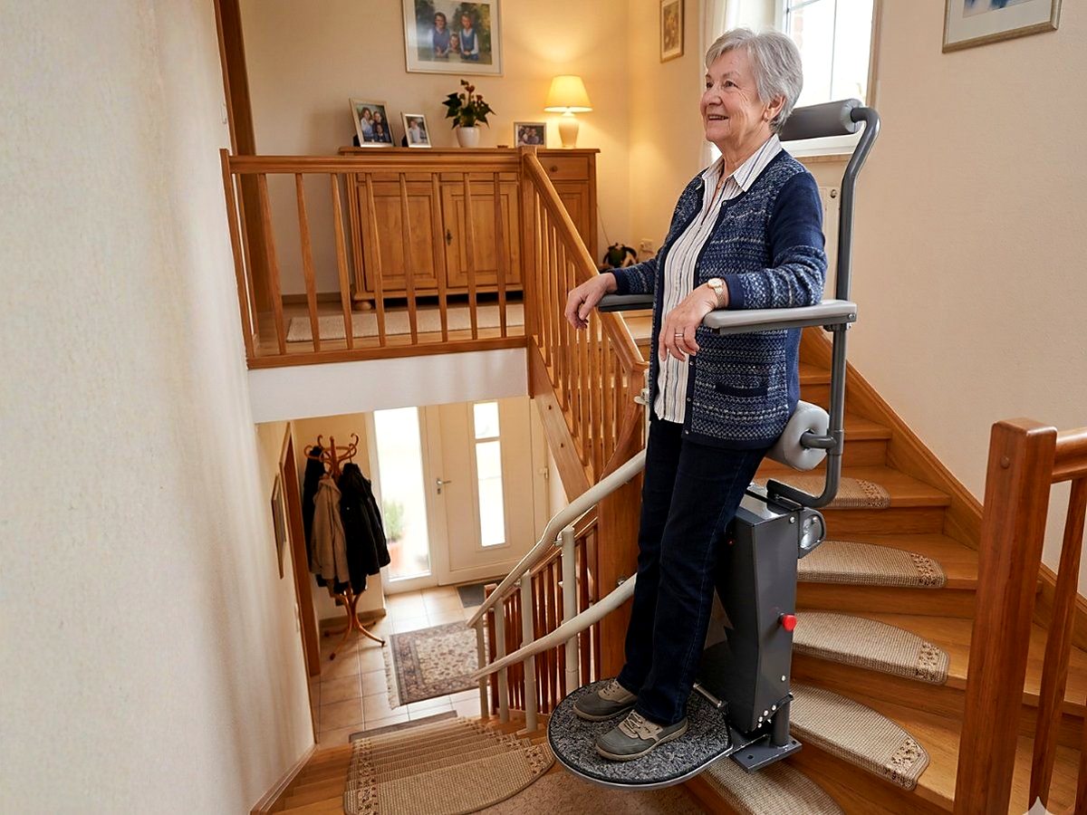 Seniorin steht sicher auf dem HEIM-Stehlift an einer Holztreppe